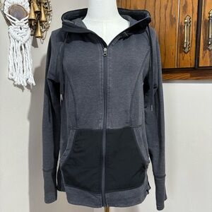 Grey and Black Sporty Athletic Zip Up Hooded Jacket Size Medium Thumb Holes